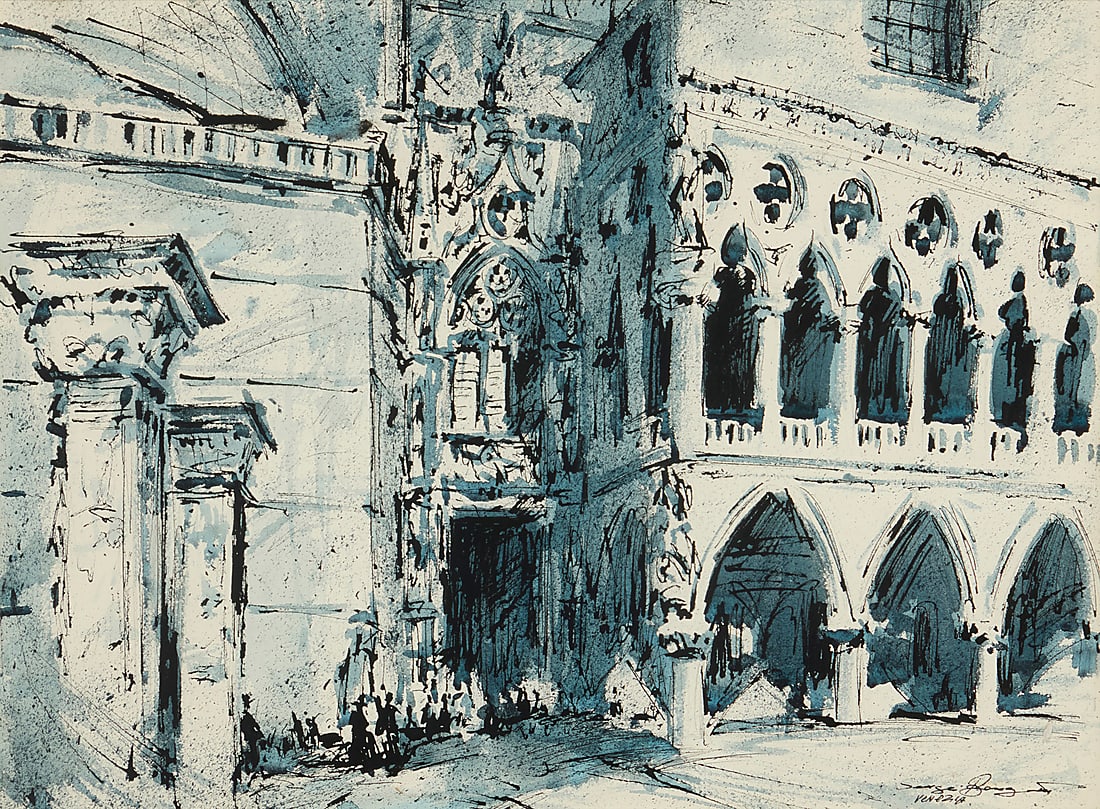 Sergei Bongart (1918-1985), "Venezia (Doge's Palace)," circa 1963: Sergei Bongart (1918-1985) "Venezia (Doge's Palace)," circa 1963 Watercolor, gouache, and ink on paper Signed and inscribed or titled "Venezia" lower right: Sergei Bongart; titled more extensively and