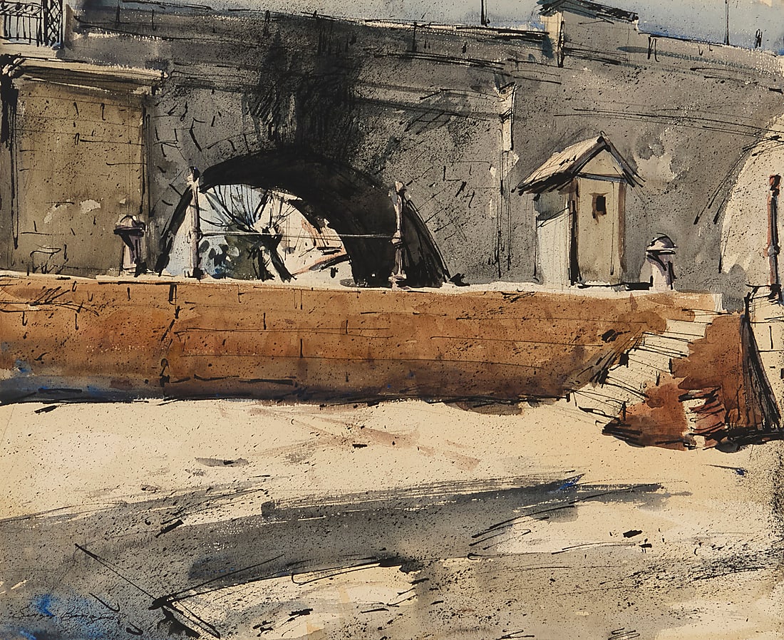 Sergei Bongart (1918-1985), "Old Bridge (Seville)": Sergei Bongart (1918-1985) "Old Bridge (Seville)" Watercolor, gouache, and ink on paper Signed lower left: Sergei Bongart; titled on an exhibition label affixed to the frame's backing board Sight: 20"