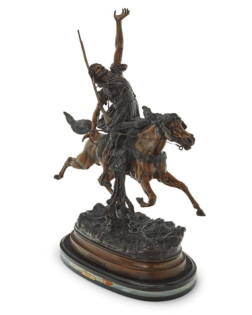 Prosper Lecourtier (1855-1924), "Fantasia Arabe": Prosper Lecourtier (1855-1924) "Fantasia Arabe" Patinated bronze on marble and hardstone base Signed in the casting: P Lecourtier Overall: 35.25" H x 27.5" W x 14.25" D