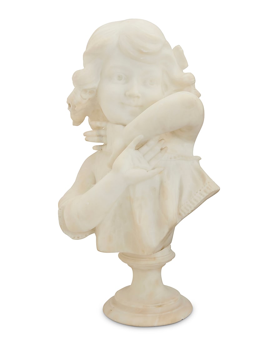 An Italian carved marble bust of a young girl: An Italian carved marble bust of a young girl Early 20th century Etched to base of bust verso: A. Cipriani 19.25" H x 10.75" W x 8" D Provenance: Private Estate, California