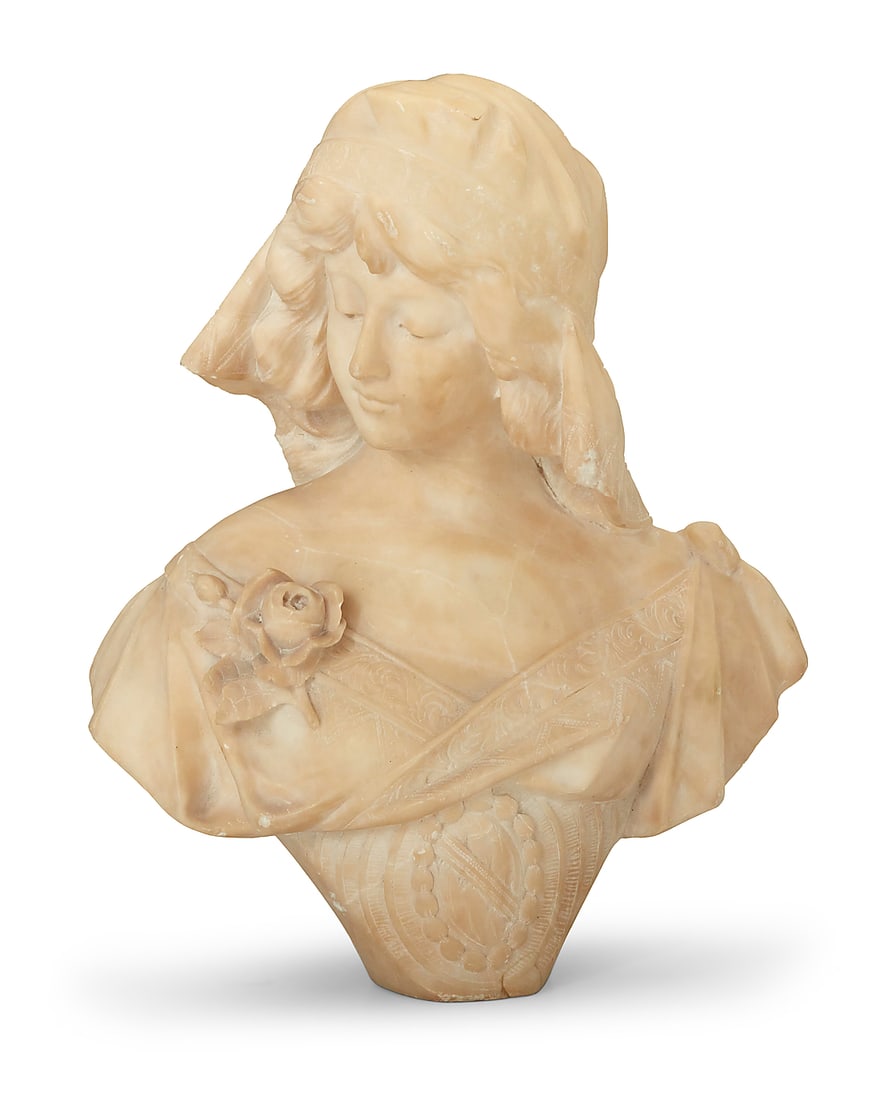 An Italian carved alabaster bust of a young woman: An Italian carved alabaster bust of a young woman Early 20th century Unmarked 18" H x 14.75" W x 9.5" D Provenance: Private Estate, California