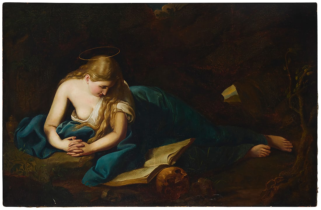 After Pompeo Batoni (1708-1787), The Penitent Magdalene, 19th century: After Pompeo Batoni 1708-1787 The Penitent Magdalene, 19th century Oil on canvas laid to canvas Unsigned 48" H x 72.75" W