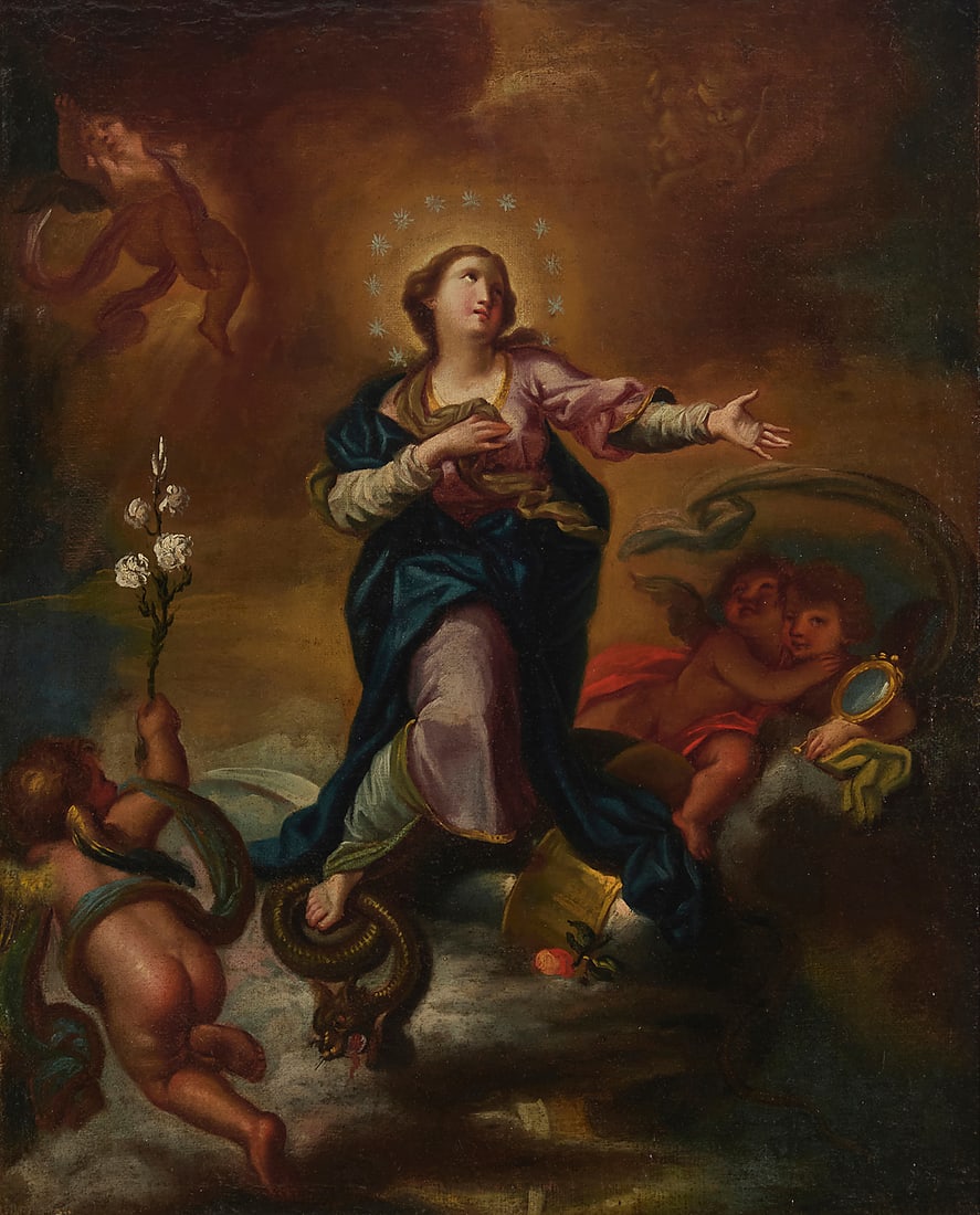 In the manner of Giovanni Battista Gaulli (1639-1709), The Immaculate Conception: In the manner of Giovanni Battista Gaulli (1639-1709) The Immaculate Conception Oil on canvas laid to canvas Bears inscription in paint on the verso of the backing canvas: "B / Giovanni Battista