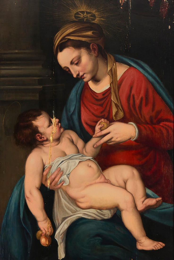 In the manner of Peter Paul Rubens (1577-1640), Madonna and Child (Isabella Brant and Albert, wife: In the manner of Peter Paul Rubens (1577-1640) Madonna and Child (Isabella Brant and Albert, wife and son of Rubens, as models), circa 1615 Oil on cradled wood panel Appears unsigned 31" H x 24.75" W