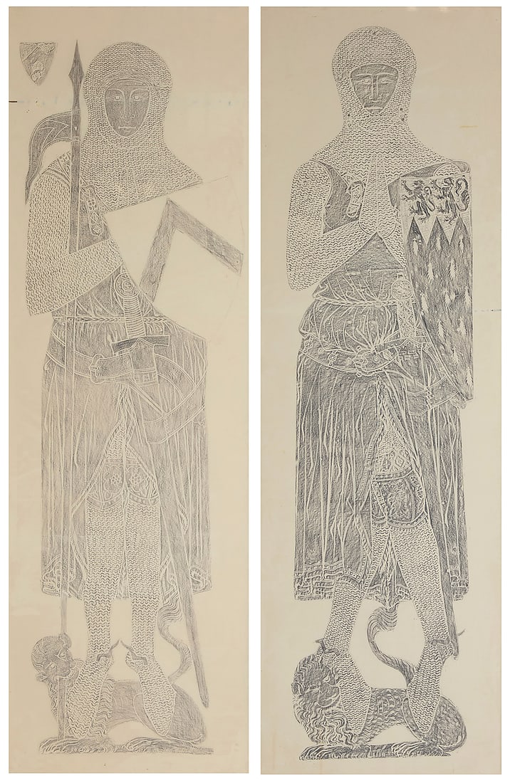 Two rubbings of burial plaques: Two rubbings of burial plaques "Sir John d'Abernon, 1277" (Stoke d'Abernon, Surrey), 1965 Rubbing on paper Appears unsigned; titled on a typed label affixed to the glass lower right; titled again and 