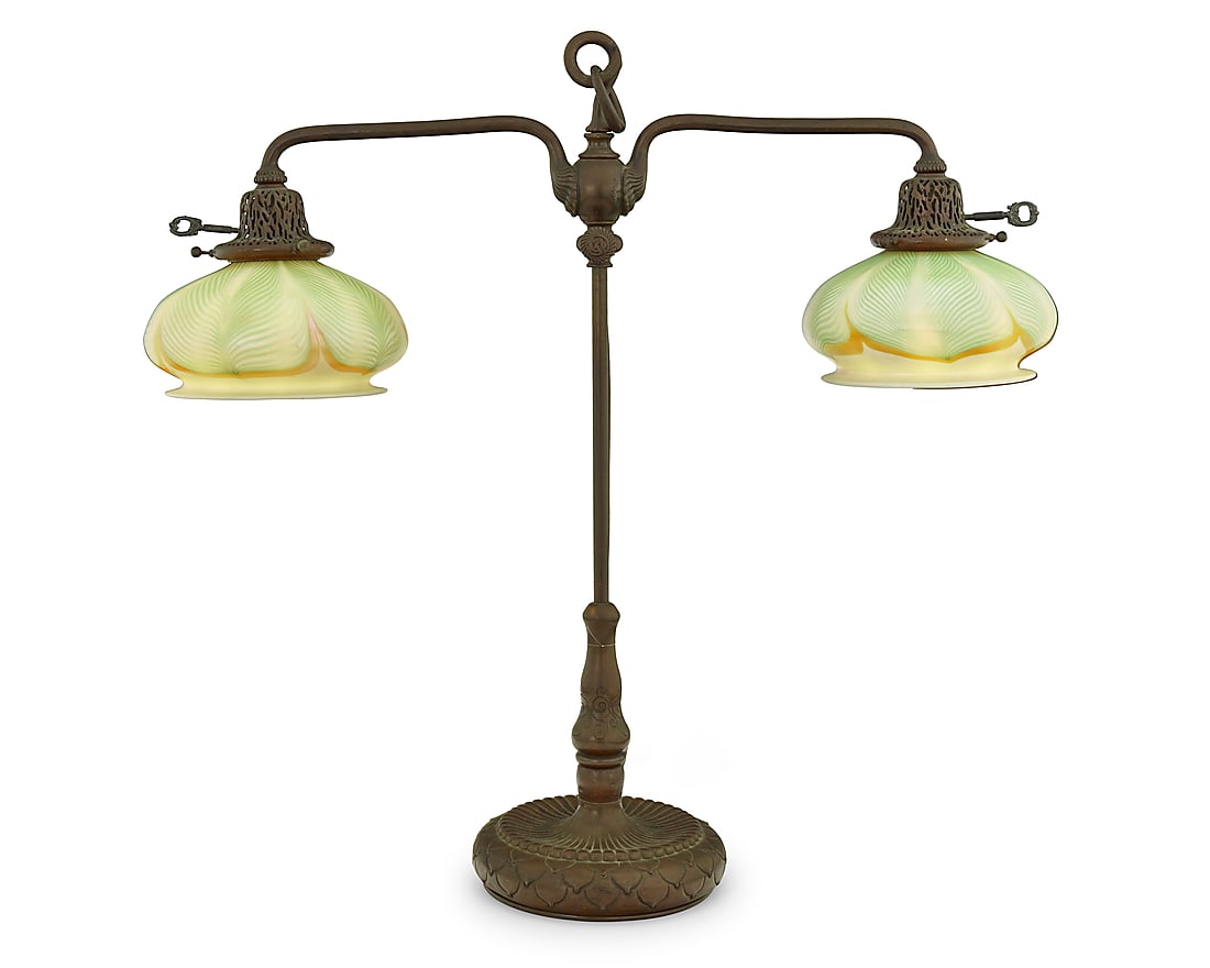 A Tiffany Studios patinated bronze student lamp and Quezal shades (1 of 8)