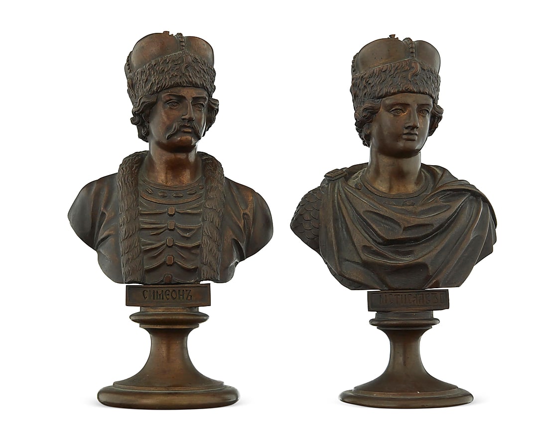 Two Russian bronze busts of Simeon and Grand Duke Mstislav: Two Russian bronze busts of Simeon and Grand Duke Mstislav 1867 & 1868 After Fedor Solntzev (1801-1892) Each with Cyrillic dated Chopin foundry mark verso and name recto 2 pieces Simeon: 10.5" H x