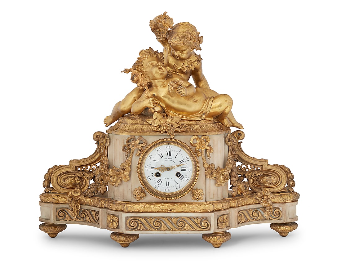 A French gilt bronze figural mantel clock: A French gilt bronze figural mantel clock Late 19th century Marked to movement: 1093 / DENIERE / A PARIS / C. R. C. / C. R. Crookshank / 2261 / NS / CAILLEAUX Depicting putti at play above a Carrara m