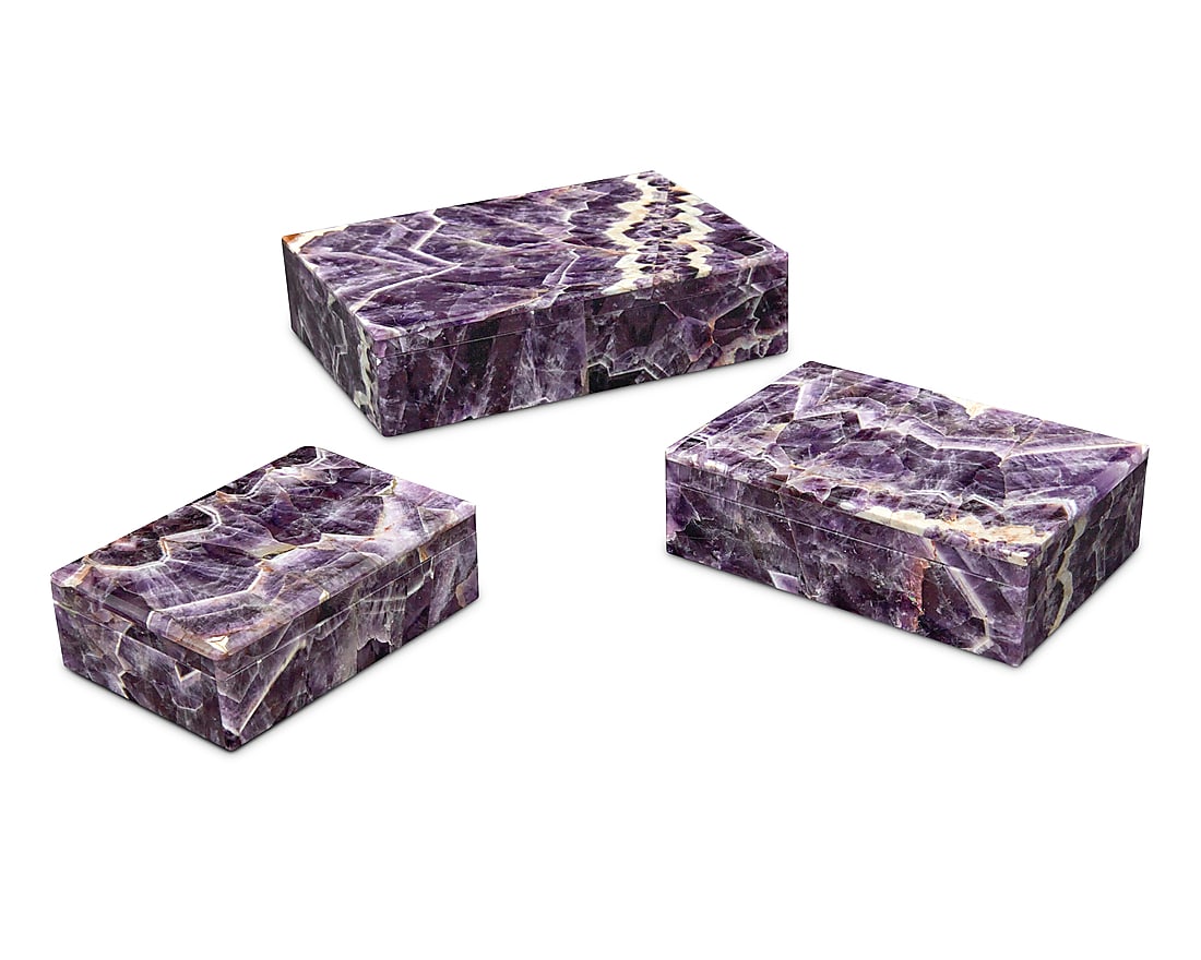 Three amethyst and marble boxes: Three amethyst and marble boxes Late 20th century Each with marble interior and brass hinge 3 pieces Largest: 1.625" H x 6.125" W x 4.25" D; Smallest: 1.375" H x 4" W x 2.75" D