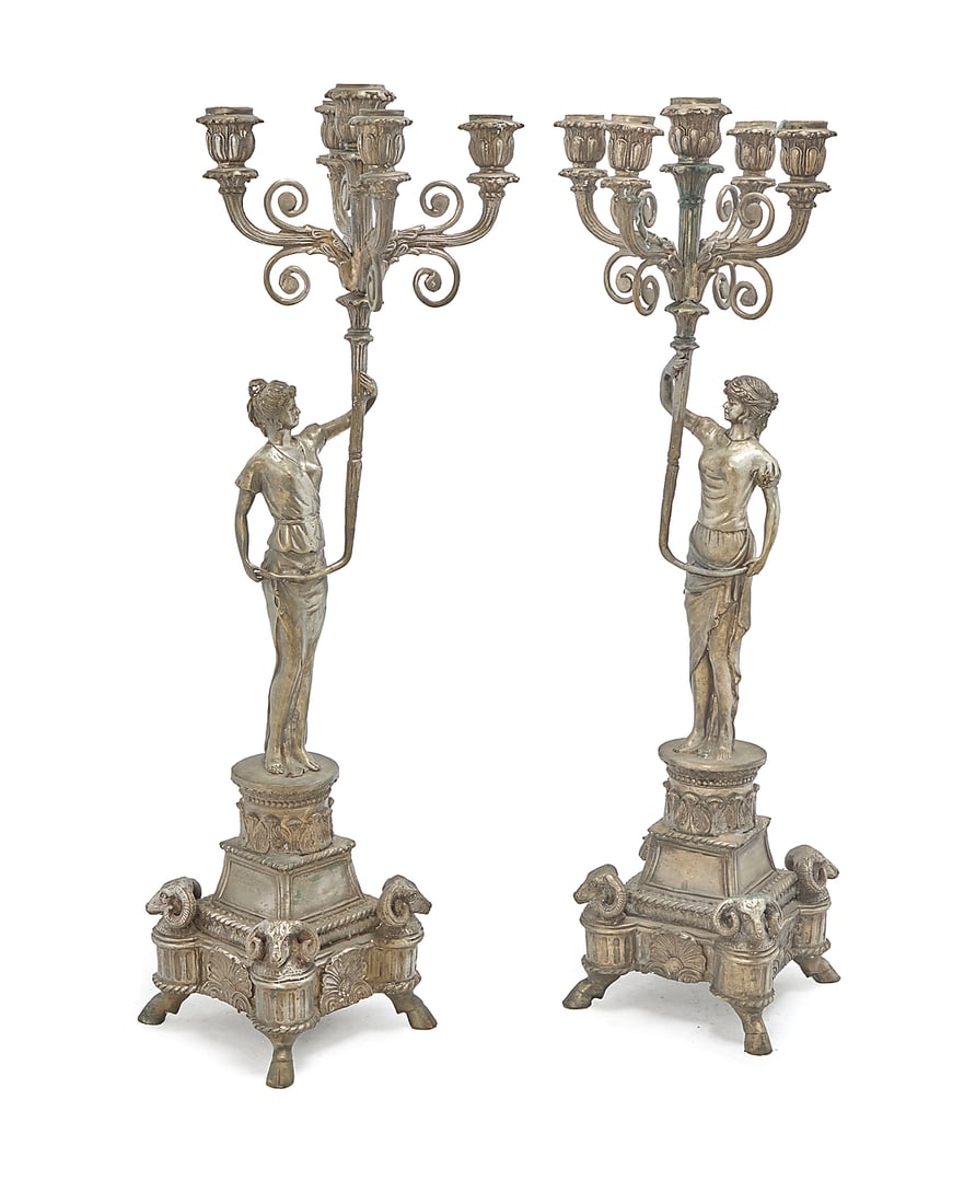 A pair of Empire style silvered metal figural candelabra (1 of 9)