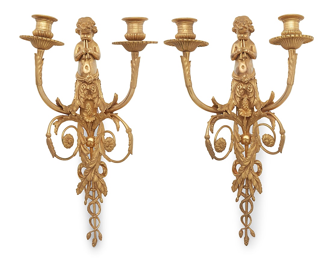 A pair of Louis XVI style bronze wall sconces: A pair of Louis XVI style bronze wall sconces Henri Dasson (1825-1896), late 19th century Each impressed verso: NB 1809; 79 / 12 / 1212 / N1815 / 1813 / 1212 Each with a putto figure playing two