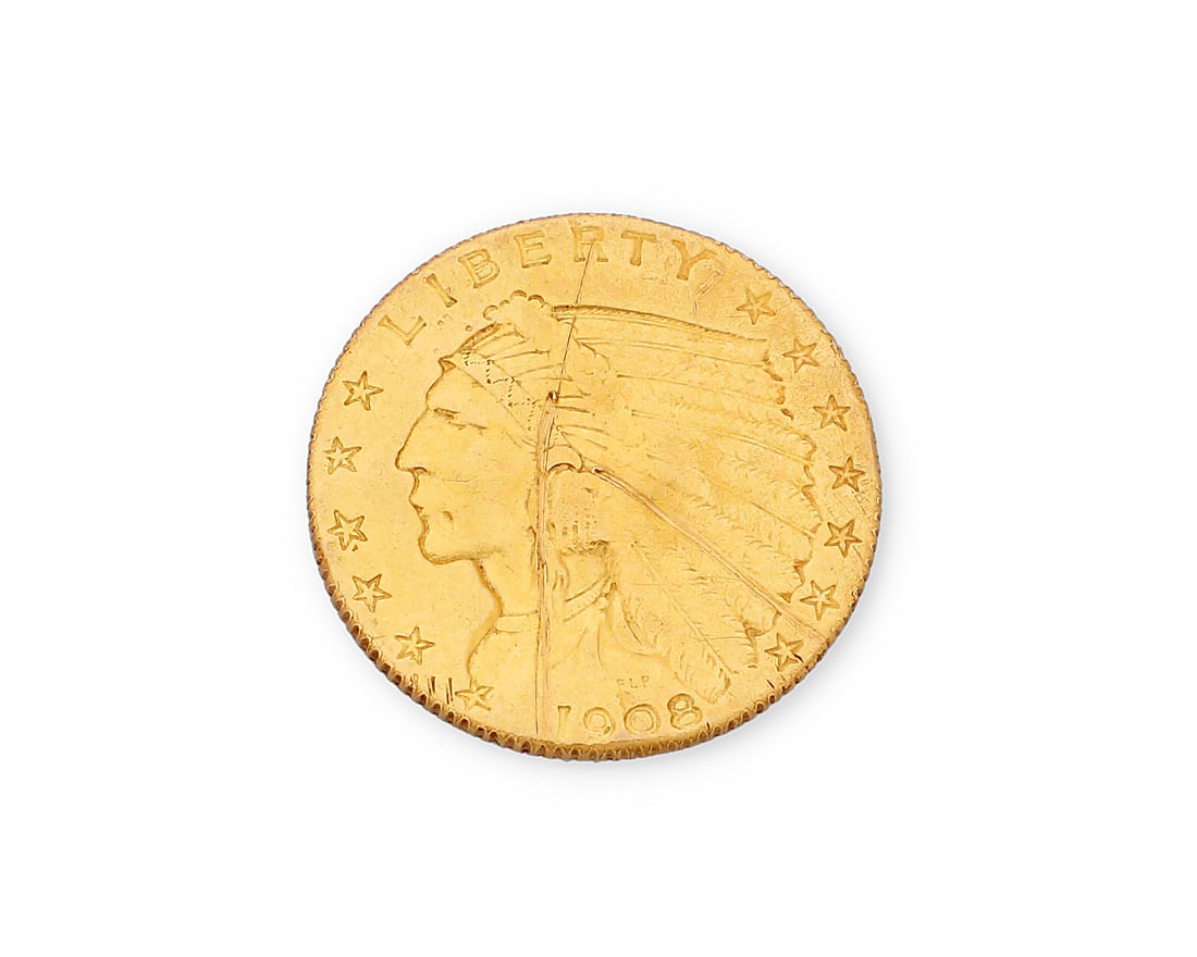 1908 $2 1/2 Indian Head Gold Quarter Eagle: 1908 $2 1/2 Indian Head Gold Quarter Eagle Measures: 0.75" Dia. 4.0 grams gross