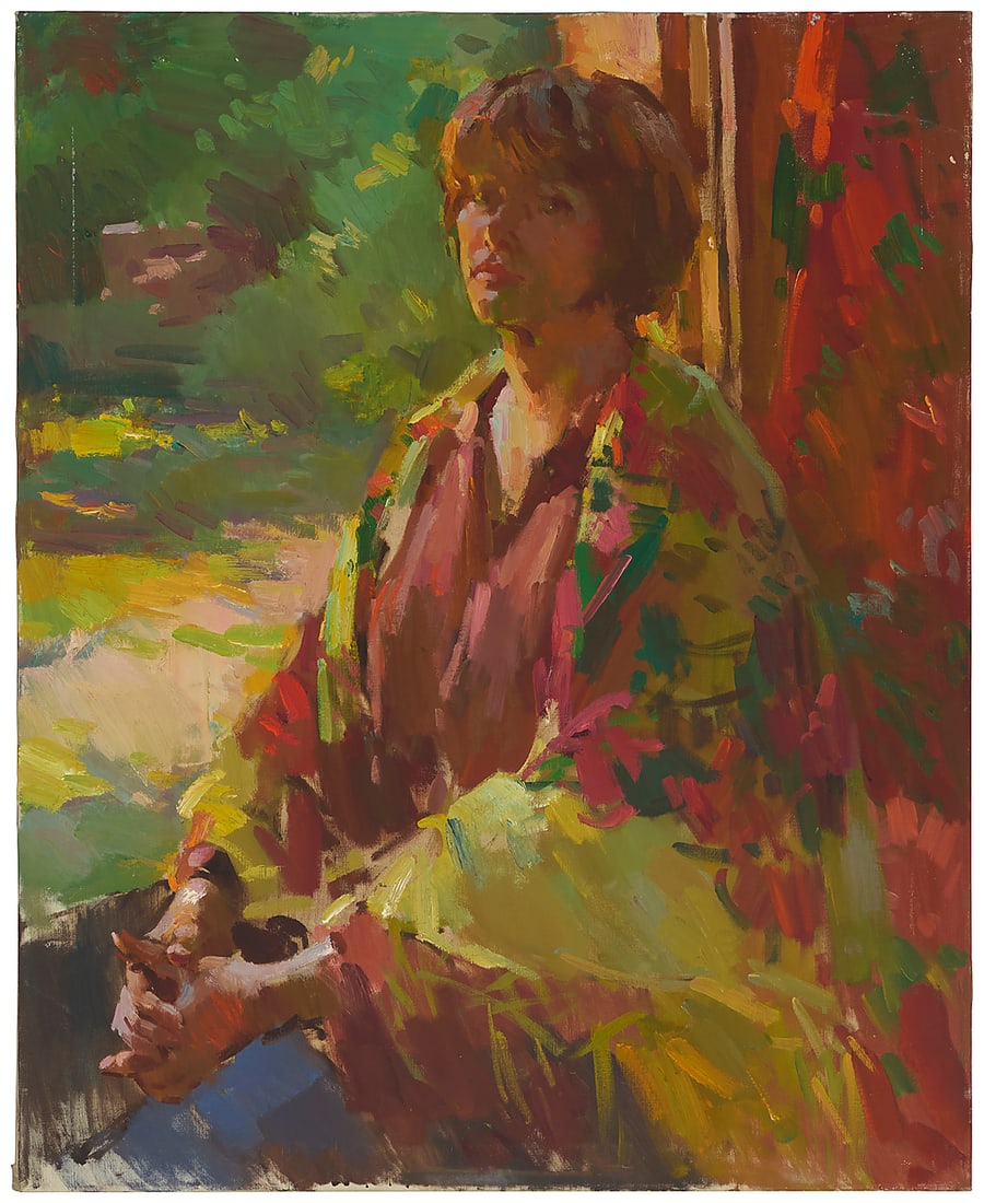 Sergei Bongart (1918-1985), Portrait of a woman in a floral shawl: Sergei Bongart (1918-1985) Portrait of a woman in a floral shawl Oil on canvas Unsigned; inscribed with technical notations in Cyrillic on the stretcher 40" H x 32" W Provenance: The Estate of S