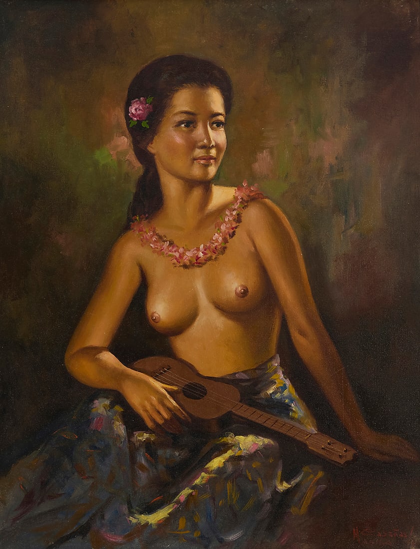 Mario CasaÒas (active 1930s-1970s), Seated semi-nude portrait of a woman, 1961: Mario CasaÒas (active 1930s-1970s) Seated semi-nude portrait of a woman, 1961 Oil on canvas Signed, dated, and inscribed lower right: M CasaÒas / 61 / "Manila" 28" H x 22" W Provenance: Private