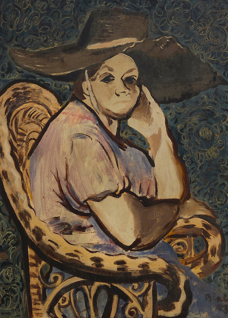 Janice Biala (1903-2000), "Paysanne, chapeau nicois," 1933: Janice Biala (1903-2000) "Paysanne, chapeau nicois," 1933 Oil on panel Signed lower right: Biala; titled on a portion of a typed label affixed verso 22" H x 16" W Provenance: Sold: Bonhams,