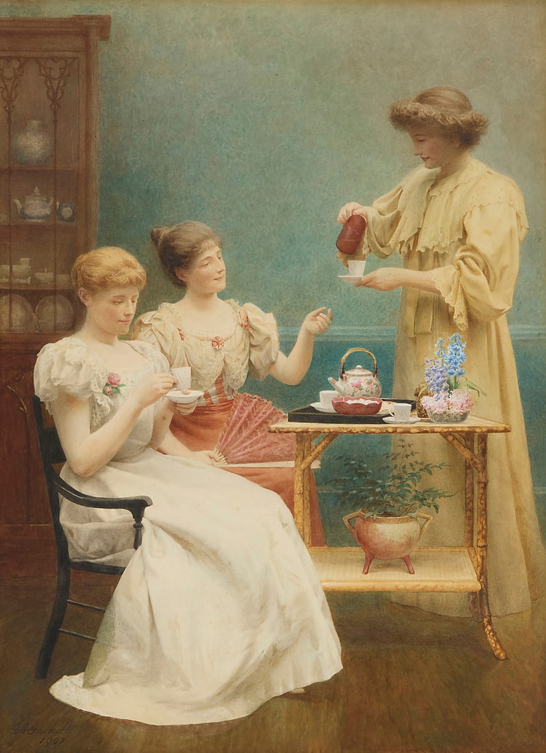 George Arthur Gaskell (1842-1925), "Time for Tea," 1901: George Arthur Gaskell (1842-1925) "Time for Tea," 1901 Watercolor and pencil on paper Signed and dated lower left: GA Gaskell / 1901; titled by repute Sight: 28.5" H x 20.5" W Provenance: Sold: