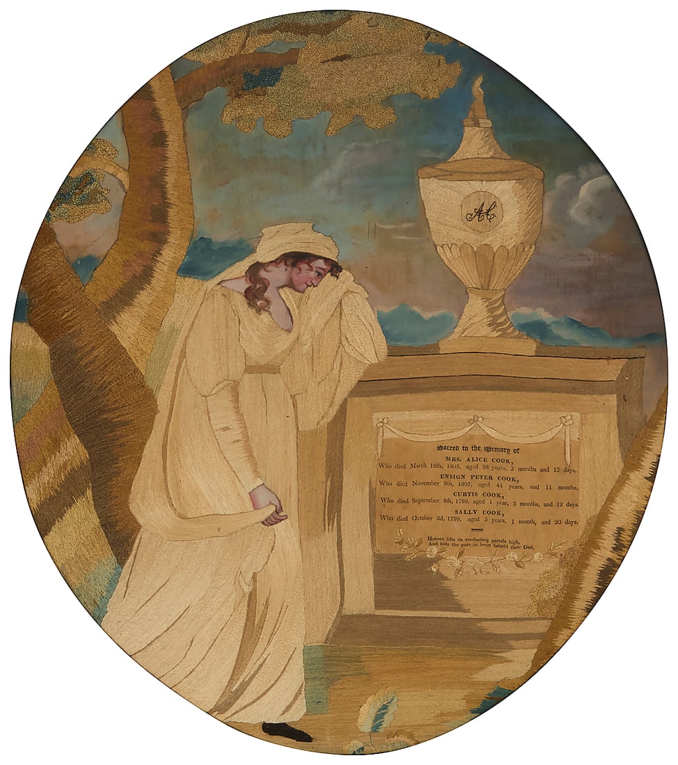 A Regency silkwork embroidery mourning panel: A Regency silkwork embroidery mourning panel Early 19th century or later The panel of painted silk fabric and fine polychrome silk embroidery depicting a grieving woman at a memorial stone printed wit