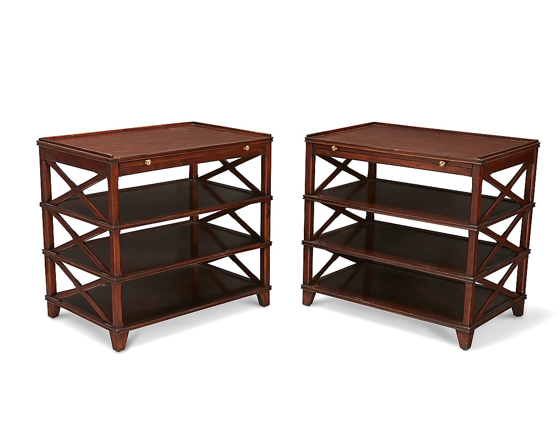 A pair of Rose Tarlow Melrose House mahogany 'Pemberley' bookstands: A pair of Rose Tarlow Melrose House mahogany 'Pemberley' bookstands Mid-20th century Each with a pull-out olive leather inset writing surface featuring a blind-stamped floral medallion centering a con