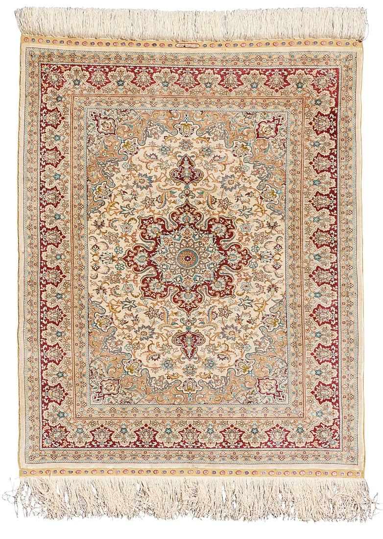 A Turkish silk rug: A Turkish silk rug Mid-20th century Mounted to a cloth-clad wood backing within an acrylic box frame Rug: 3' 4.5" L x 2' 7.5" W Provenance: Estate, Newport Beach, CA