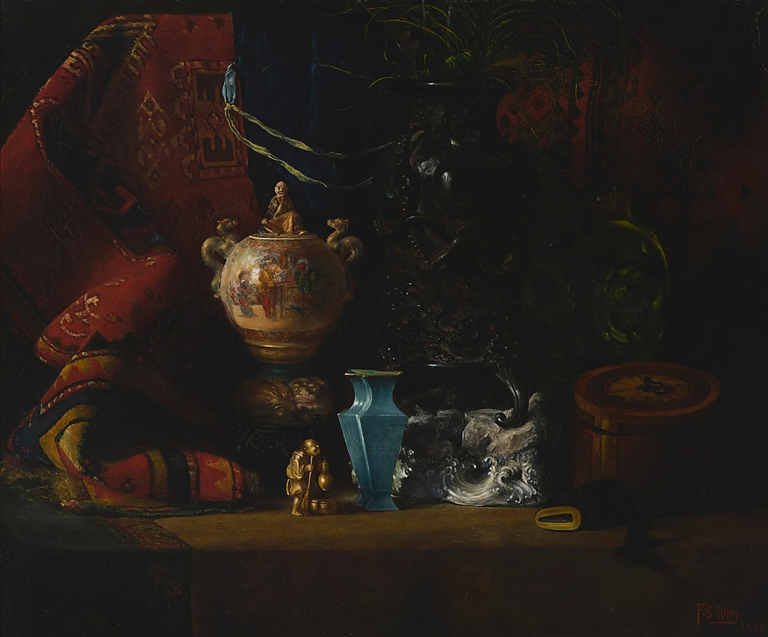 Francis Scott King (1850-1913), An exotic still life of Asian items on a table, 1888: Francis Scott King (1850-1913) An exotic still life of Asian items on a table, 1888 Oil on canvas laid to canvas Signed and dated lower right: F.S. King / 1888 20" H x 24" W Provenance: Sold: Bo