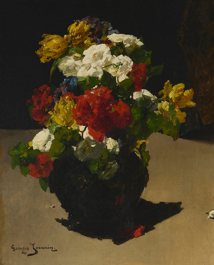 Georges Jeannin (1841-1925), A still life of assorted flowers in a vase: Georges Jeannin (1841-1925) A still life of assorted flowers in a vase Oil on canvas laid to canvas Signed lower left: Georges Jeannin 39.25" H x 32" W Provenance: Sold: Bonhams, Los Angeles, CA