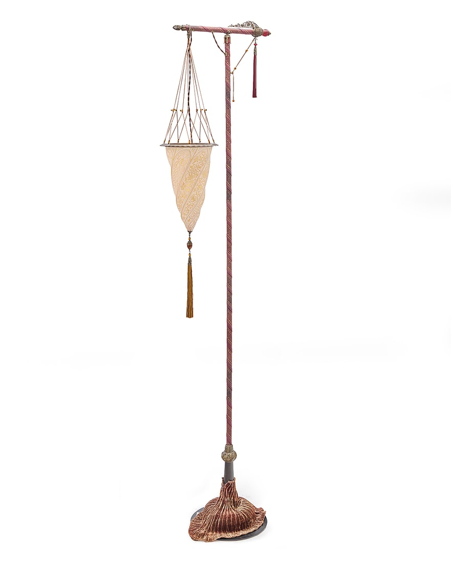A Fortuny 'Cesendello' floor lamp: A Fortuny 'Cesendello' floor lamp Late 20th century Originally designed 1904 by Mariano Fortuny (1871-1949) Glass marked: FORTVNY Æ; shade metal rim impressed: FORTVNY VENETIA STVDIVM After