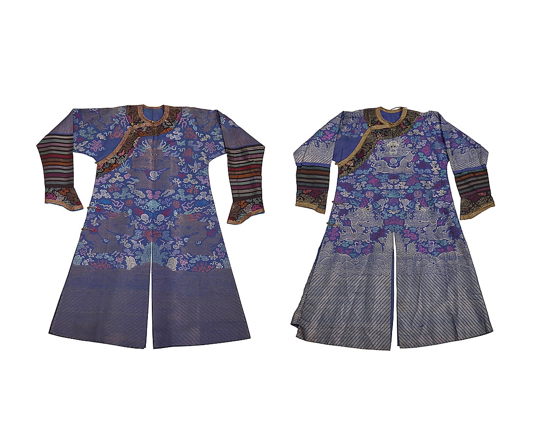 Two Chinese blue silk Dragon†robes: Two Chinese blue silk Dragon†robes Late Qing dynasty or later The two robes, each in blue silk multicolored brocade with dragon motifs, including one with gilt metal thread brocade, and one with sil