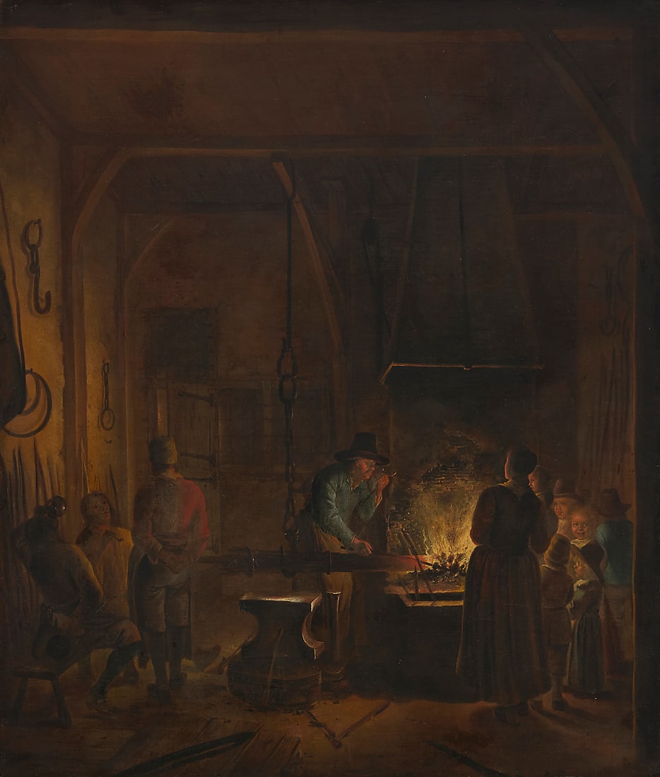 Gerrit Lundens (1622-1683), Blacksmith shop interior: Gerrit Lundens (1622-1683) Blacksmith shop interior Oil on canvas laid to canvas Unsigned 31" H x 26.5" W