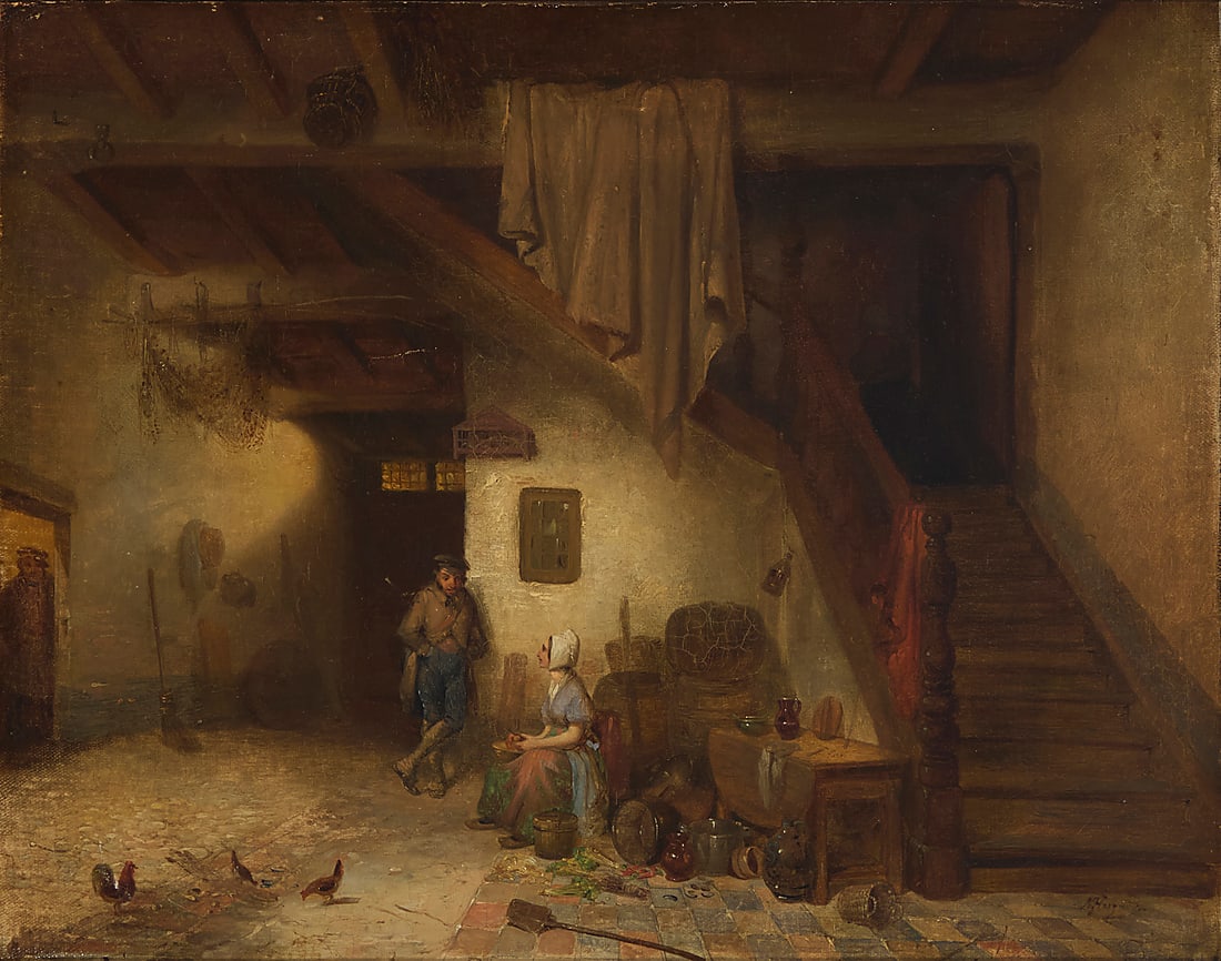 Norbert Joseph Horgnies (1810-1876), Figures in an interior with chickens, Antwerp, 1840: Norbert Joseph Horgnies (1810-1876) Figures in an interior with chickens, Antwerp, 1840 Oil on canvas laid to canvas Signed lower right: N. Horgnies; dated and inscribed "Antwerp 1840," in pencil,