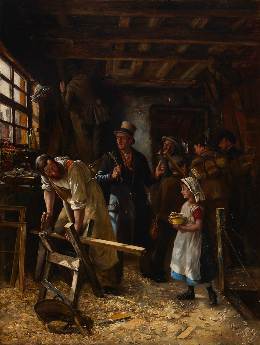 19th Century British School: 19th Century British School The frame maker Oil on canvas laid to canvas Unsigned 43.375" H x 33.375" W Provenance: Private Estate, California