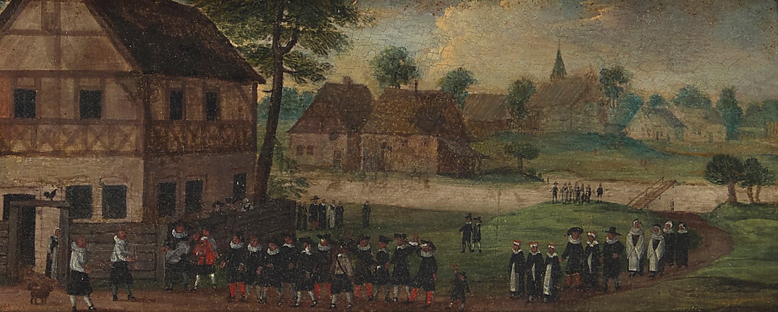 Attributed to Jacob Weikel Griebe (Circa 16th Century), A procession in a riverside village: Attributed to Jacob Weikel Griebe (Circa 16th Century) A procession in a riverside village Oil on panel Inscribed and dated in black ink verso: "Jacob Weikel Griebe / Anno. 15[*]7." and numbered in