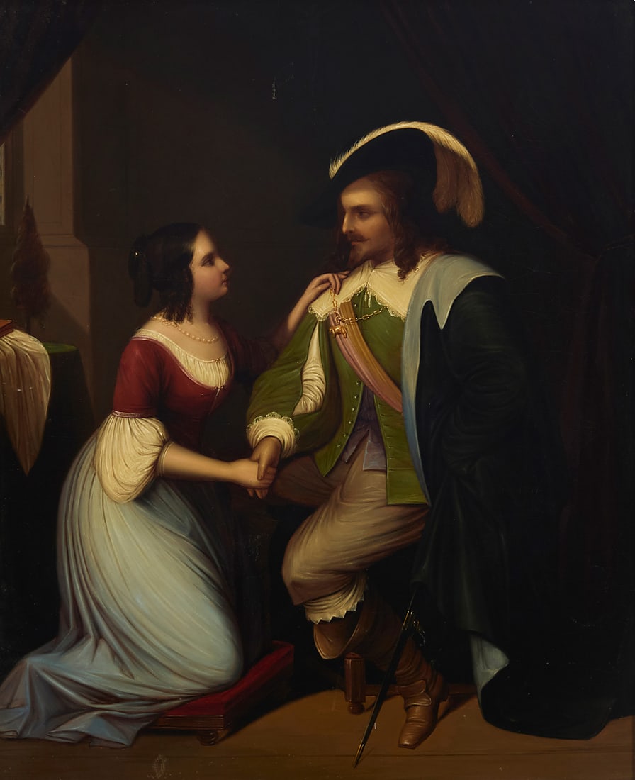 Attributed to Wilhem von Kalbach (1805-1874), "Egmont et Claire (Goethe)": Attributed to Wilhem von Kalbach (1805-1874) "Egmont et Claire (Goethe)" Oil on copper Unsigned; titled and attributed on a label affixed verso 15" H x 12.25" W Provenance: Sold: Bonhams, Los