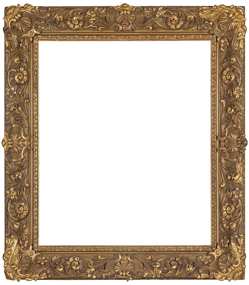 A carved giltwood frame: A carved giltwood frame With floral and acanthus leaf motifs Inner: 32" H x 27" W; Outer: 41.75" H x 37" W x 4" D Provenance: Private Estate, California