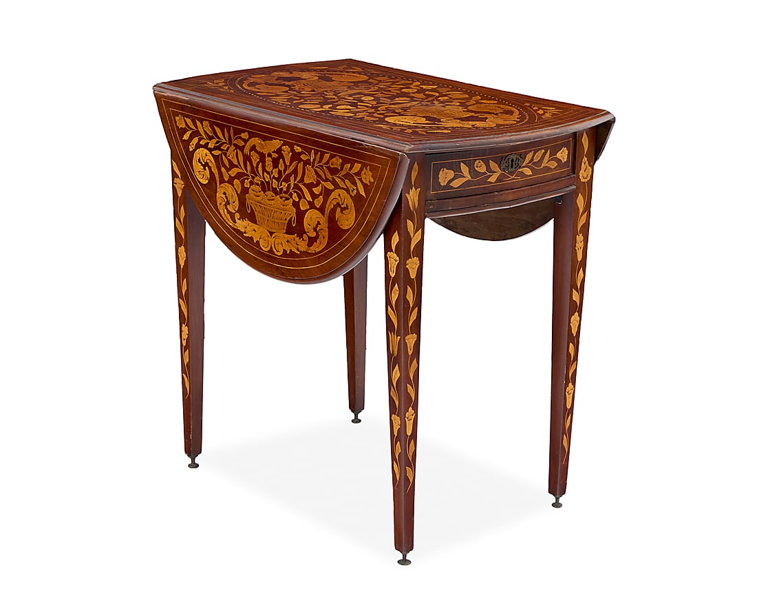 A Dutch marquetry drop leaf table: A Dutch marquetry drop leaf table 19th century Depicting flowers issued from urns and baskets, raised on tapered legs Stored: 28.25" H x 30.25" W x 18.5" D; Open: 39.25" D
