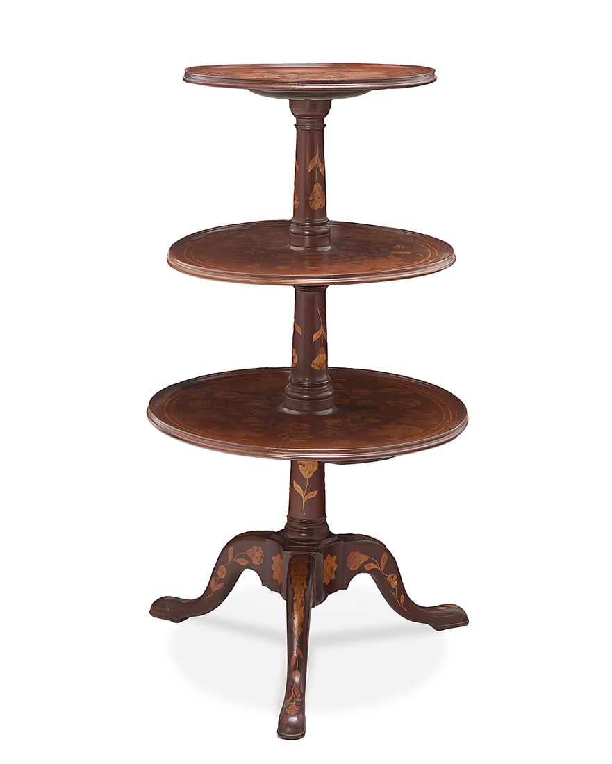 A Dutch marquetry three tier dumbwaiter: A Dutch marquetry three tier dumbwaiter Late 19th century With overall foliate and floral inlay, raised on turned standard over three flared legs 43" H x 26.5" Dia.