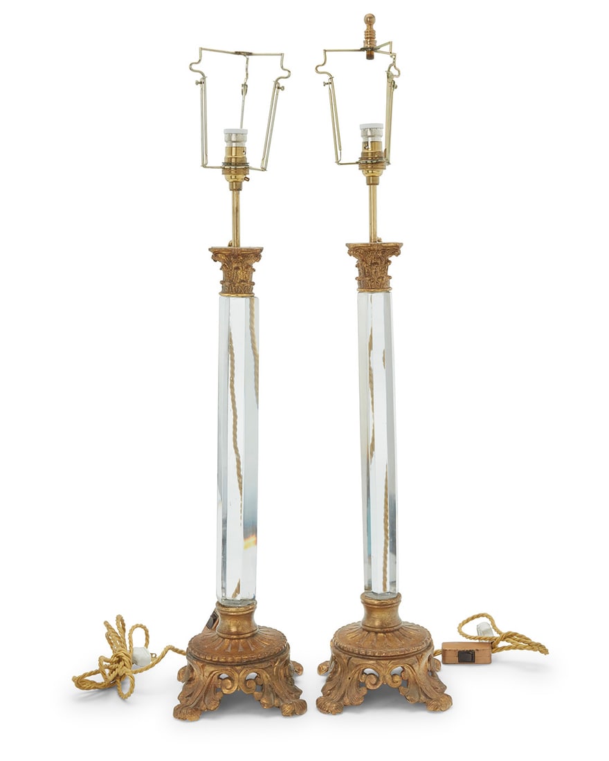 A pair of Victorian gilt metal and glass table lamps (1 of 5)