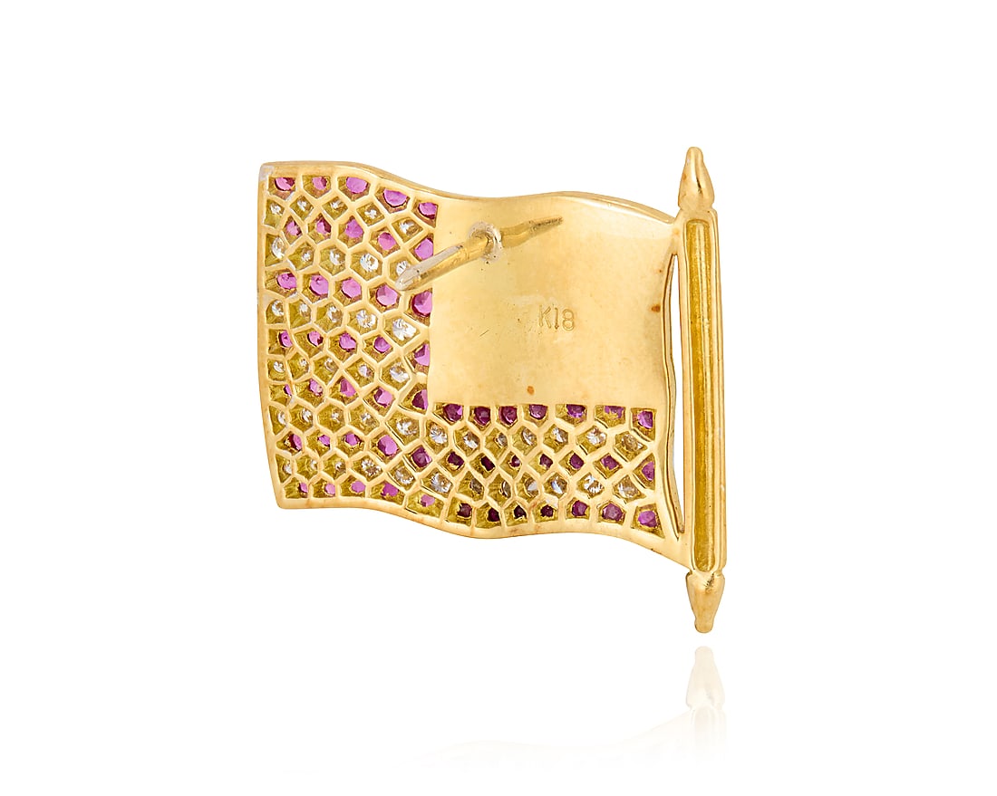 An 18K Gold, Diamond and Ruby Flag Pin - 2