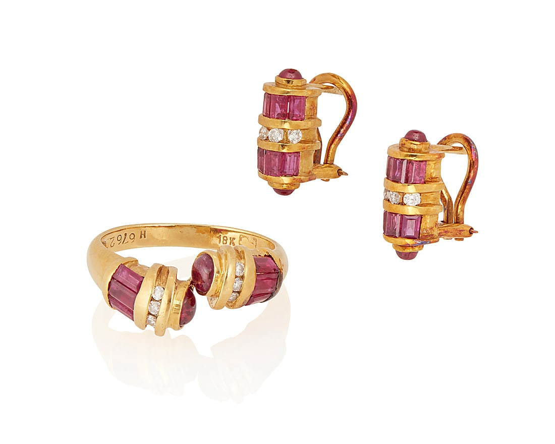 An 18K Gold, Ruby and Diamond Ring and Earring Set (1 of 3)