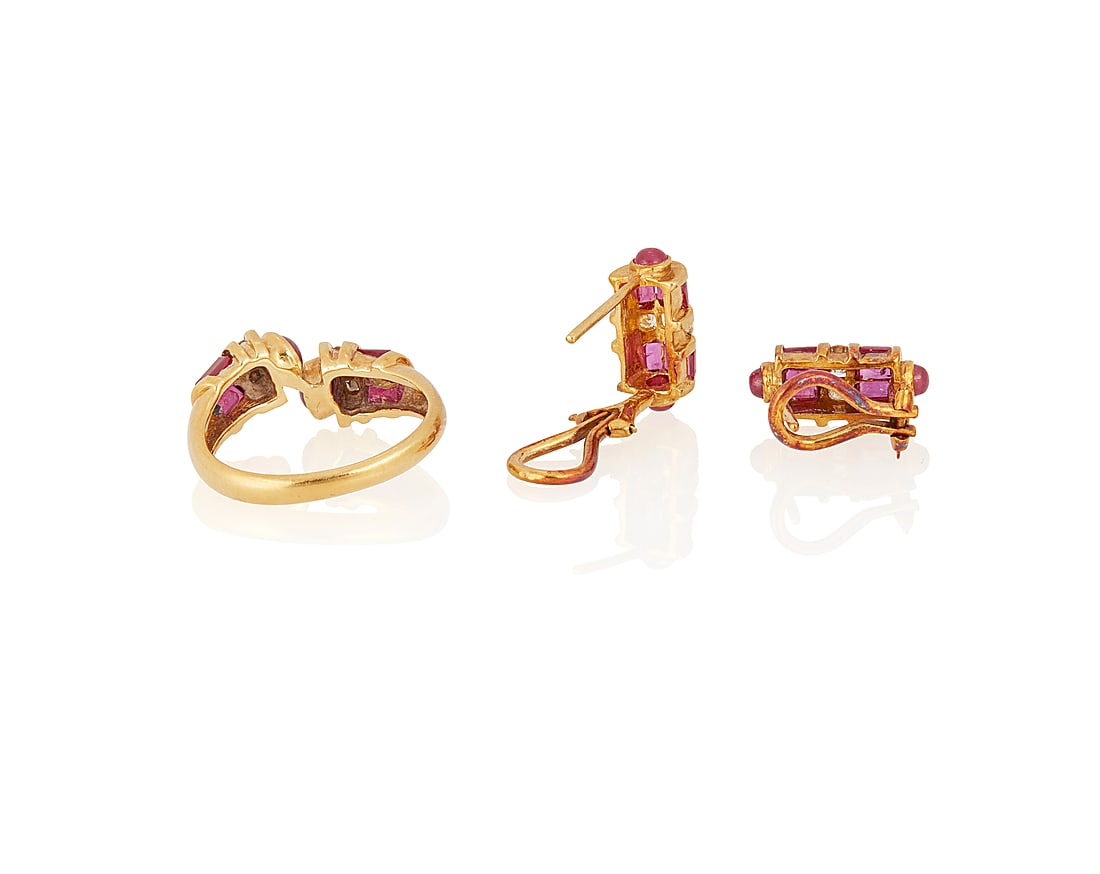An 18K Gold, Ruby and Diamond Ring and Earring Set - 2