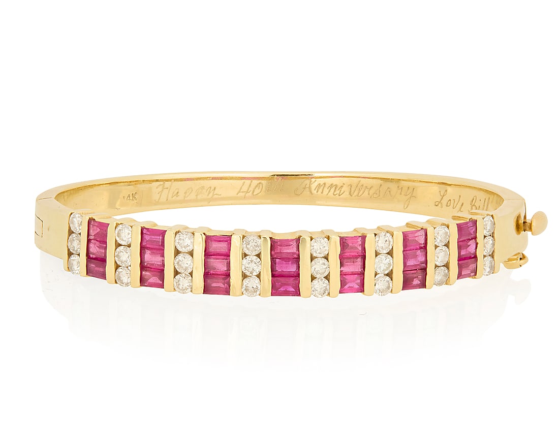 A 14K Gold, Ruby and Diamond Bangle