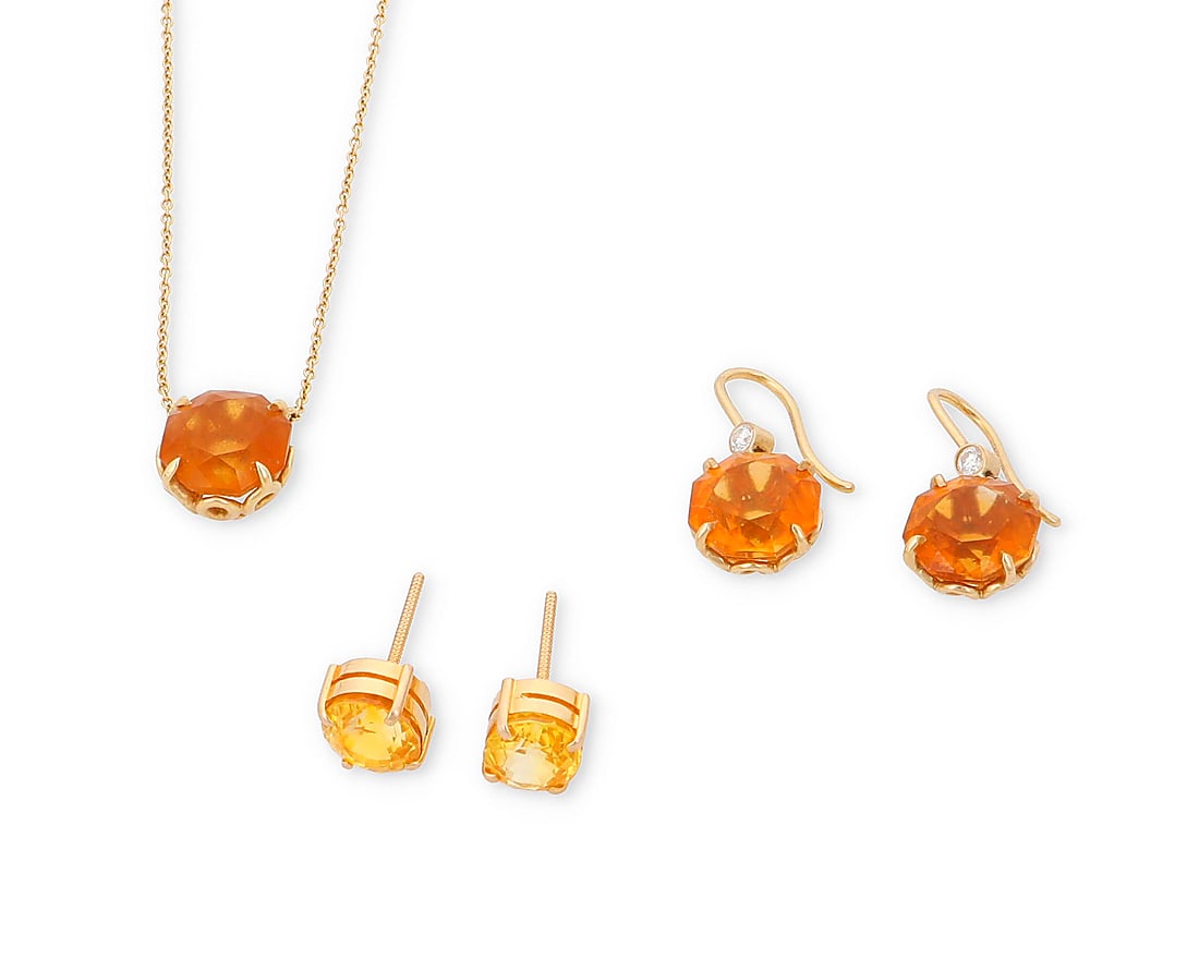 A Group of Gold and Citrine Jewelry: A Group of Gold and Citrine Jewelry Including a pair of 14k gold and oval citrine earrings together with an 18k gold and citrine necklace and earring set, chain signed Tiffany & Co. 5 pieces