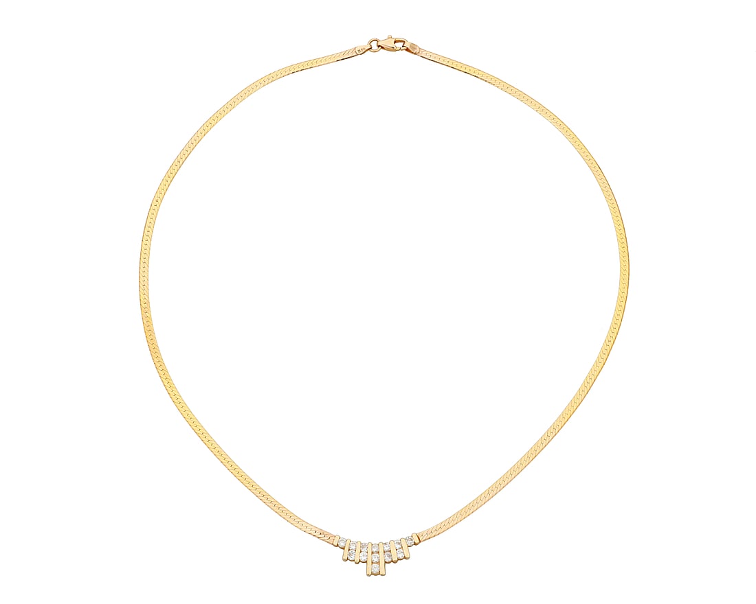 A 14K Gold and Diamond Necklace: A 14K Gold and Diamond Necklace Featuring a herringbone chain centering a graduated bar element with thirteen round diamonds weighing approximately 1.04 carats Length: 18 in. 7.4 grams gross