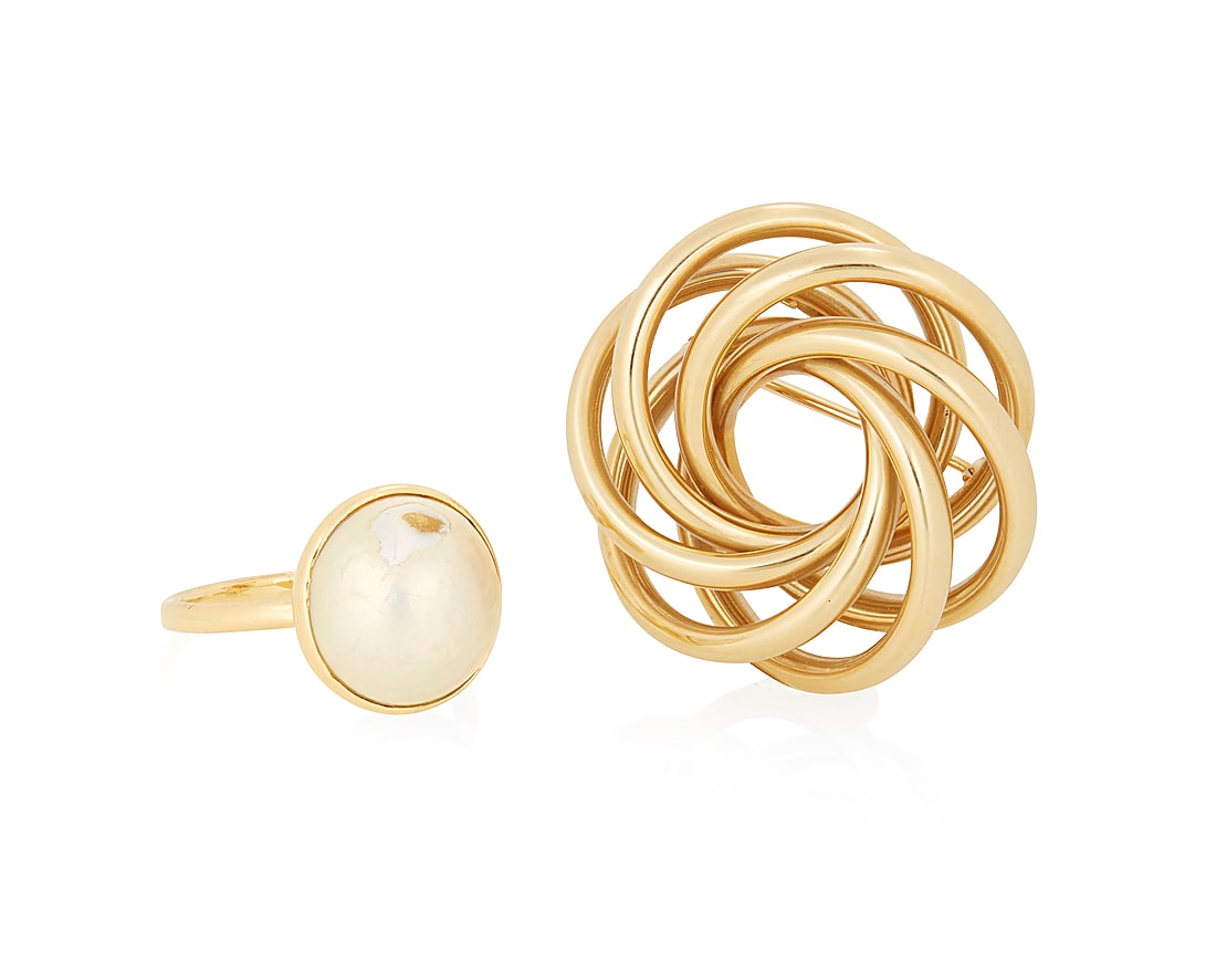 Tiffany & Co.: A Gold Brooch and Ring: Tiffany & Co.: A Gold Brooch and Ring Including an 18k Paloma Picasso for Tiffany mabe pearl ring together with a 14k gold Tiffany & Co. interwoven wreath style brooch 2 pieces Measures: 1 1/8 in,
