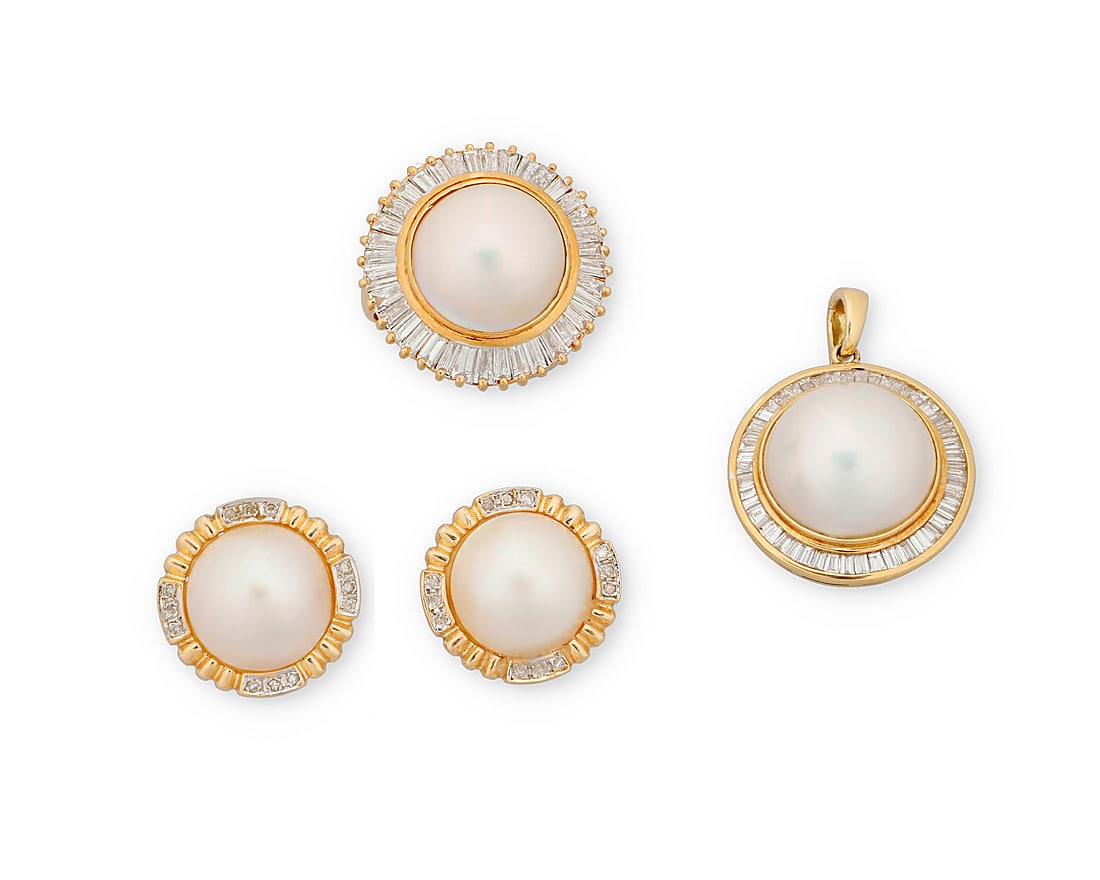 A Group of Gold, Mabe Pearl and Diamond Jewelry: A Group of Gold, Mabe Pearl and Diamond Jewelry Including a pair of 14k gold earrings, an 18k gold pendant and an 18k gold ring, accented by round and tapered baguette diamonds weighing approximately