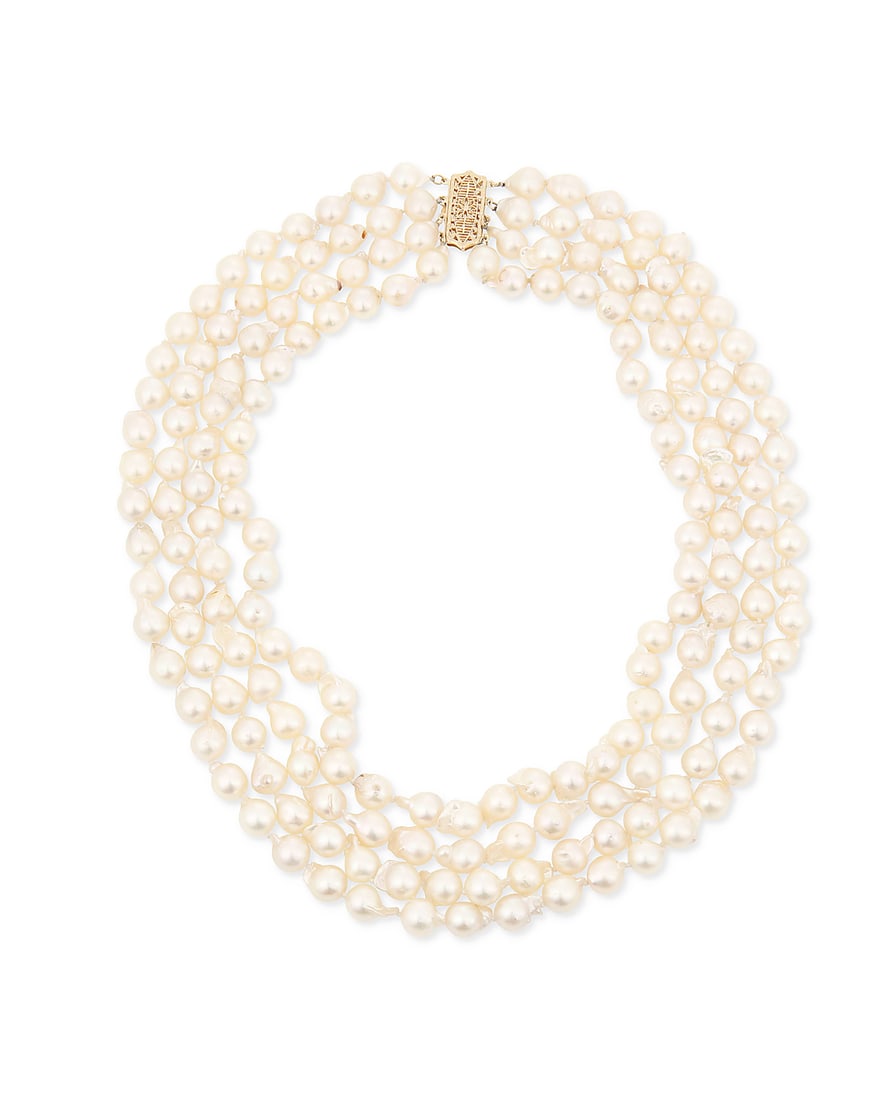 A 14K Gold and Cultured Pearl Necklace: A 14K Gold and Cultured Pearl Necklace Featuring four nested strands of cultured pearls measuring approximately 8.00 - 8.50 mm, finished with a gold openwork clasp Length: 17 - 19 in. 148.0 grams