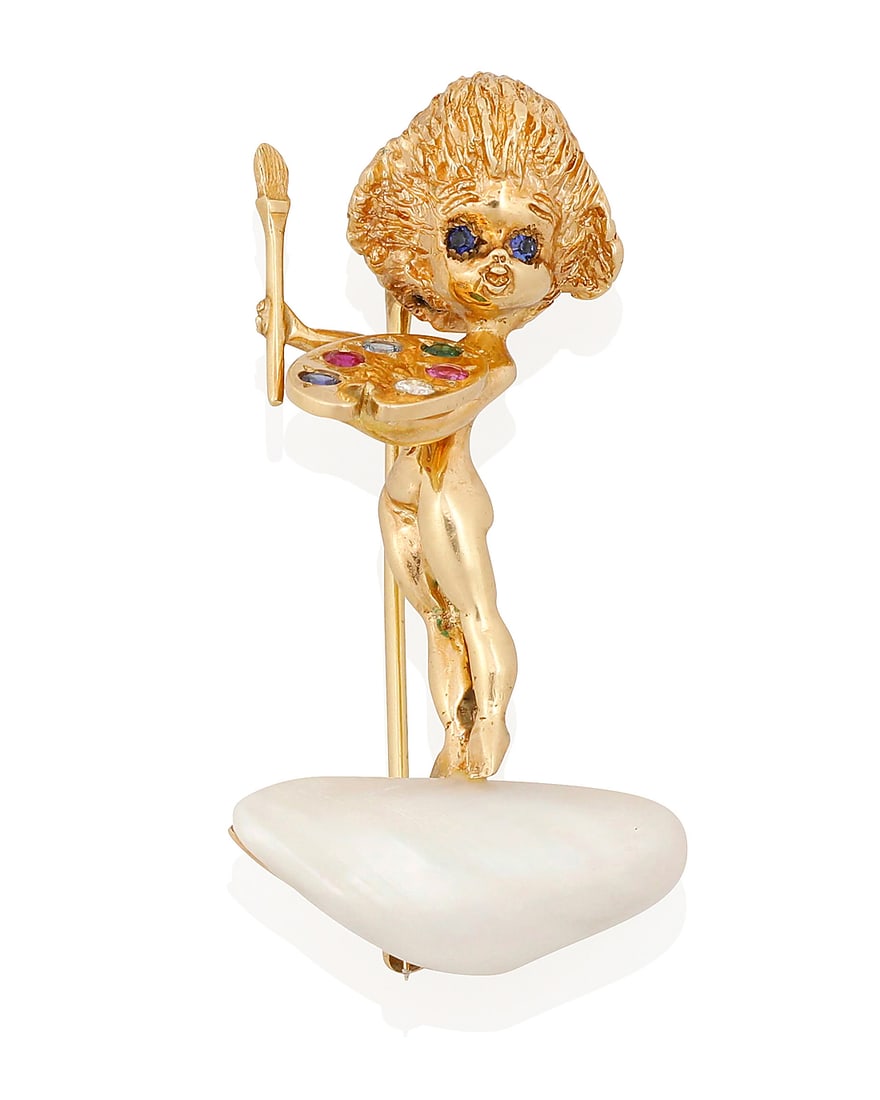 Ruser: A 14K Gold, Freshwater Pearl and Gem-Set Brooch: Ruser: A 14K Gold, Freshwater Pearl and Gem-Set Brooch Featuring an artist atop a baroque freshwater pearl holding a gem-set painters' palette, signed Ruser Measures: 1 3/4 x 1 in. 13.8 grams gross Pr