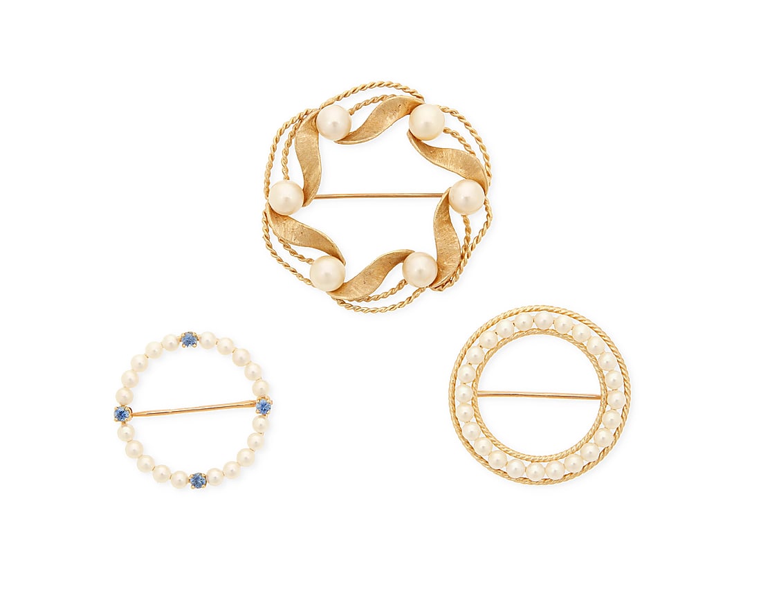 A Group of Three 14K Gold and Cultured Pearl Brooches (1 of 2)