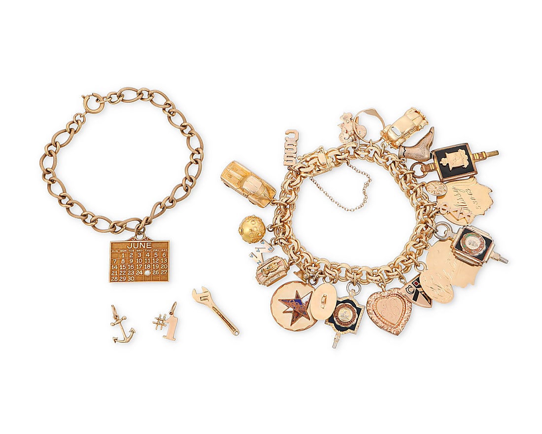 A Group of Gold and Mixed Metal Jewelry: A Group of Gold and Mixed Metal Jewelry Including a 10k gold bracelet with a single calendar charm, a 14k gold bracelet with twenty-one charms of 14k and 10k gold and mixed metal, together with three