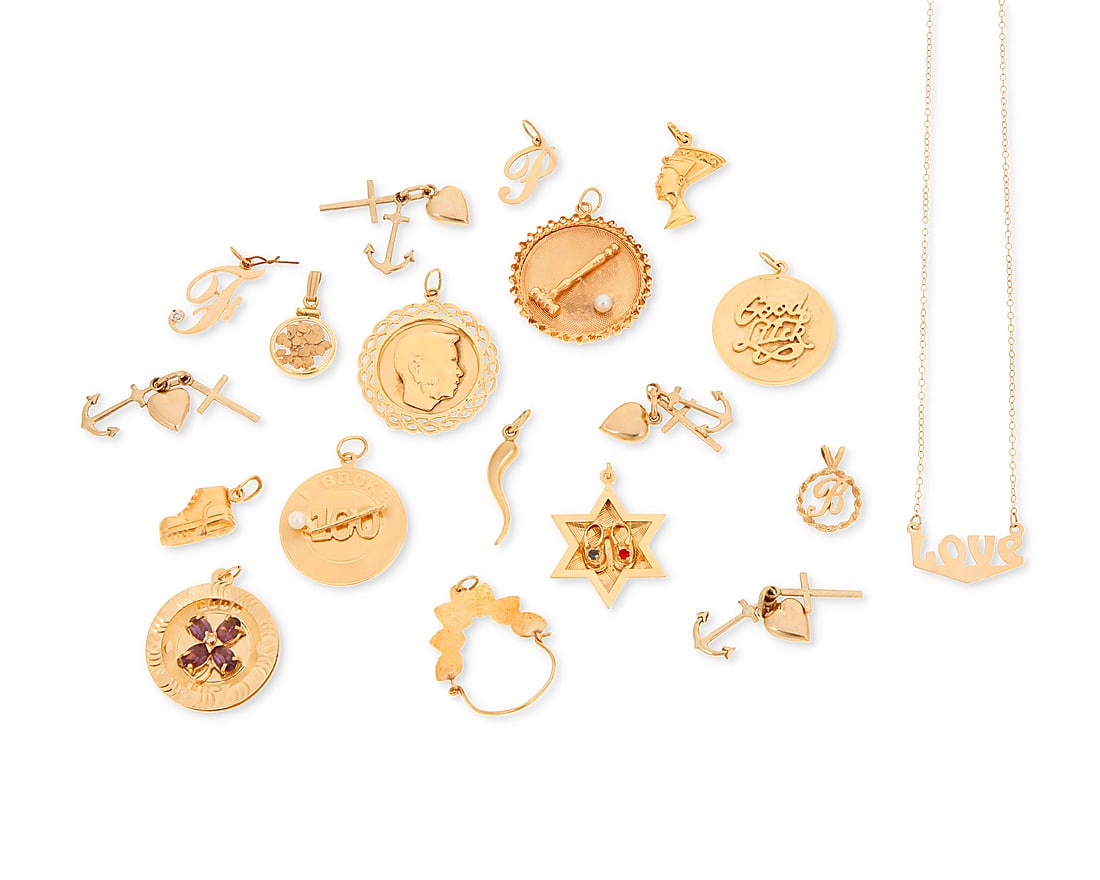 A Group of Gold Charms: A Group of Gold Charms Including a love necklace, a charm pendant holder, good luck and 'love, hope and faith' charms 19 pieces Lengths: 1/2 - 1 1/2 in. 49.0 grams gross