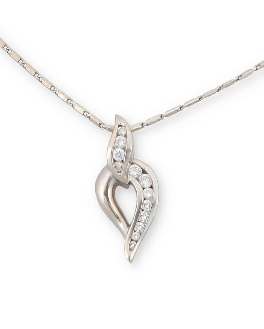 A 14K White Gold and Diamond Pendant Necklace: A 14K White Gold and Diamond Pendant Necklace Featuring a looped design accented by graduated round diamonds weighing approximately 0.45 carat, suspended from a bar link chain Chain: 18 in., Pendant: